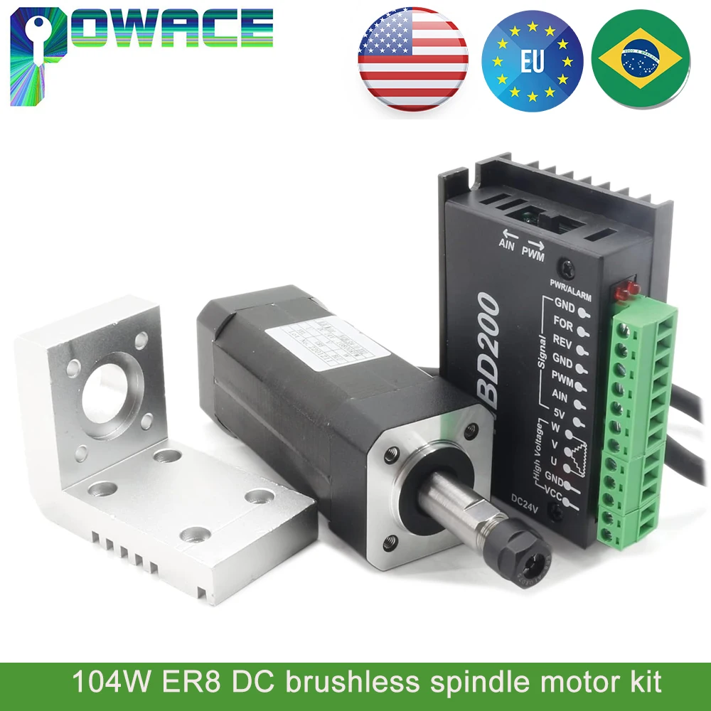 

【ЕС】Квадратный бесщеточный двигатель шпинделя постоянного тока 104 Вт ER8, комплект с ЧПУ и драйвер DBD200 24 В для фрезерования фрезерного станка