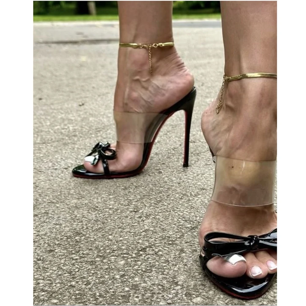 Clear PVC Belt Butterfly Knot Decor Slippers Patent Leather Pointy Stiletto High Heel Fashion Sexy Women Shoes 2024 Para Mujere