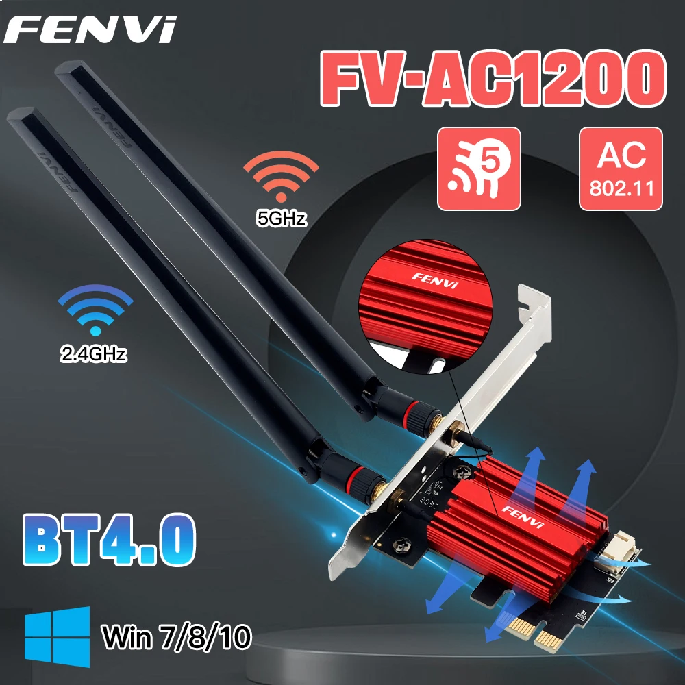 Fenvi wifi 5 pcie adaptador wifi ac1200 placa de rede sem fio banda dupla 2.4g/5ghz 802.11ac para bluetooth 4.0 desktop windows 10/11