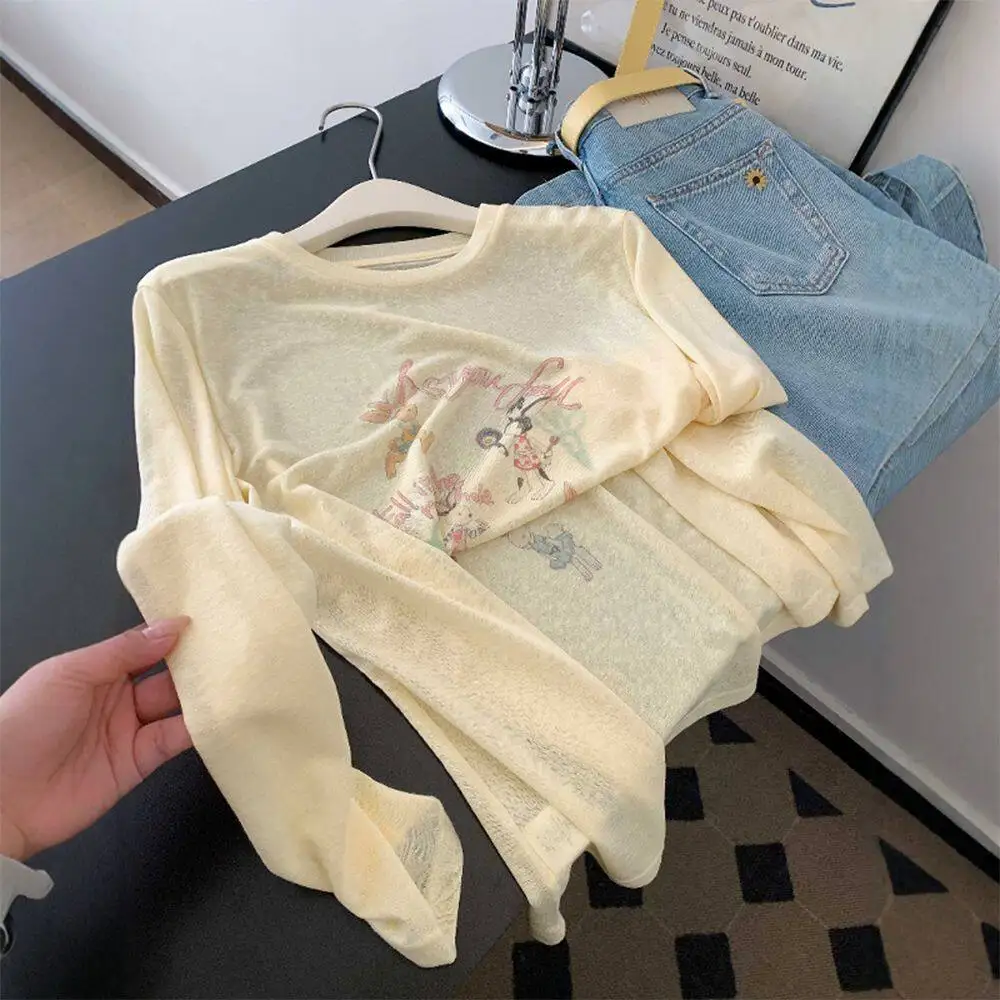 Summer Loose Fit White Printed Sheer Long Sleeve Sun Protection Cover Up T Shirt Versatile Top for Women