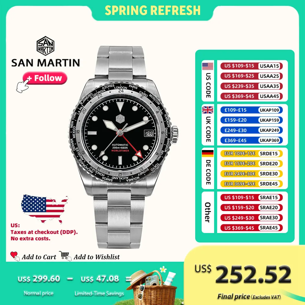 

San Martin Design GMT Men Watch 38mm World Timer Waterproof NH34 Automatic Mechanical Wristwatch 20Bar Sapphire Glass SN0112
