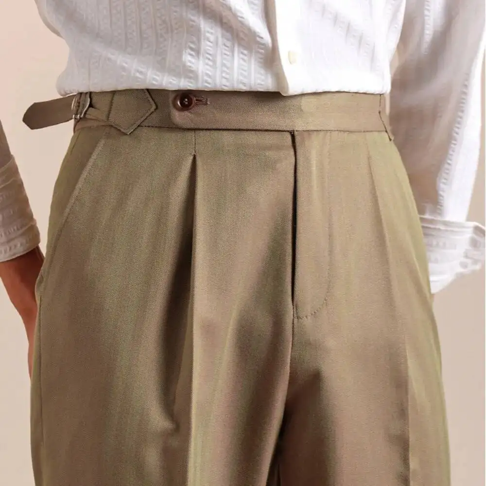 Naples Wool Blend Trousers Men's Paris Buckle Adjustment Casual Business Gentleman Straight Leg Suit Pants Men's Social Trousers