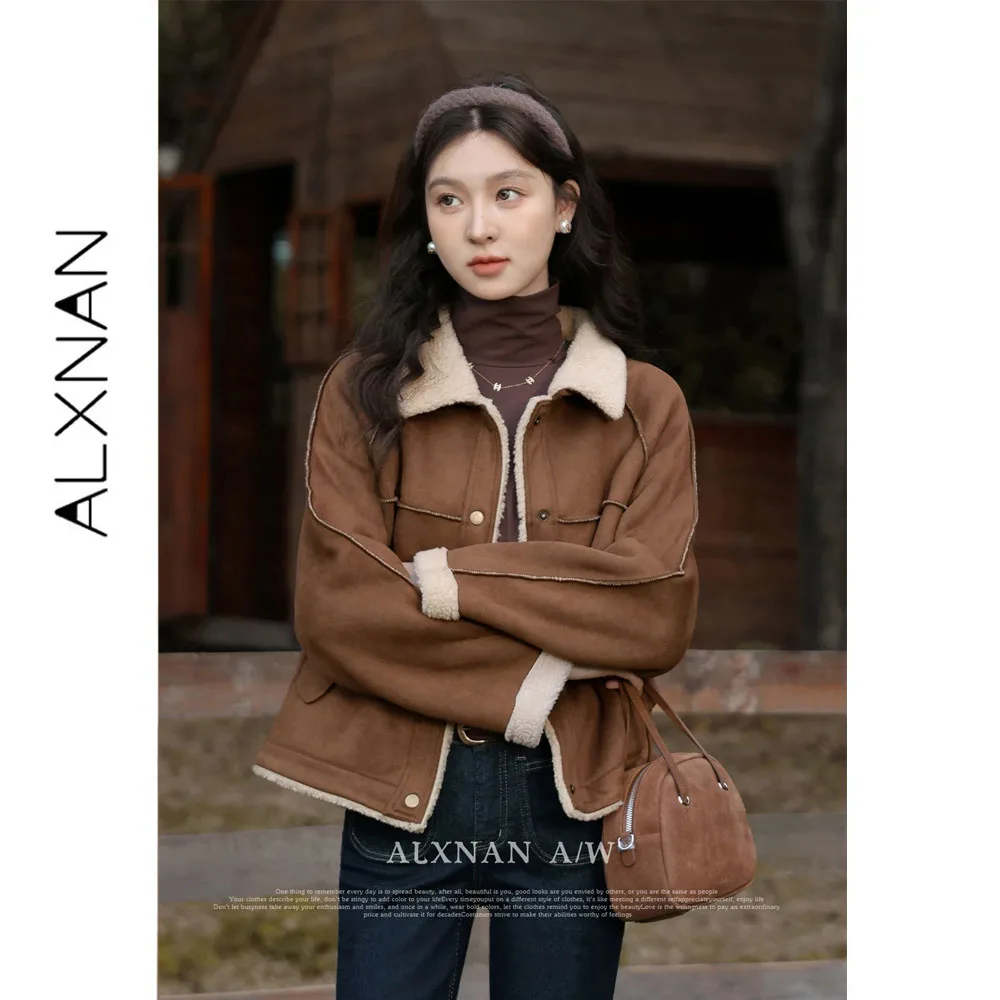 ALXNAN Light Brown Patchwork Short Jacket Women Lapel Lamb Wool Straight Coats Autumn Winter Vintage Female Jackets VPL330203