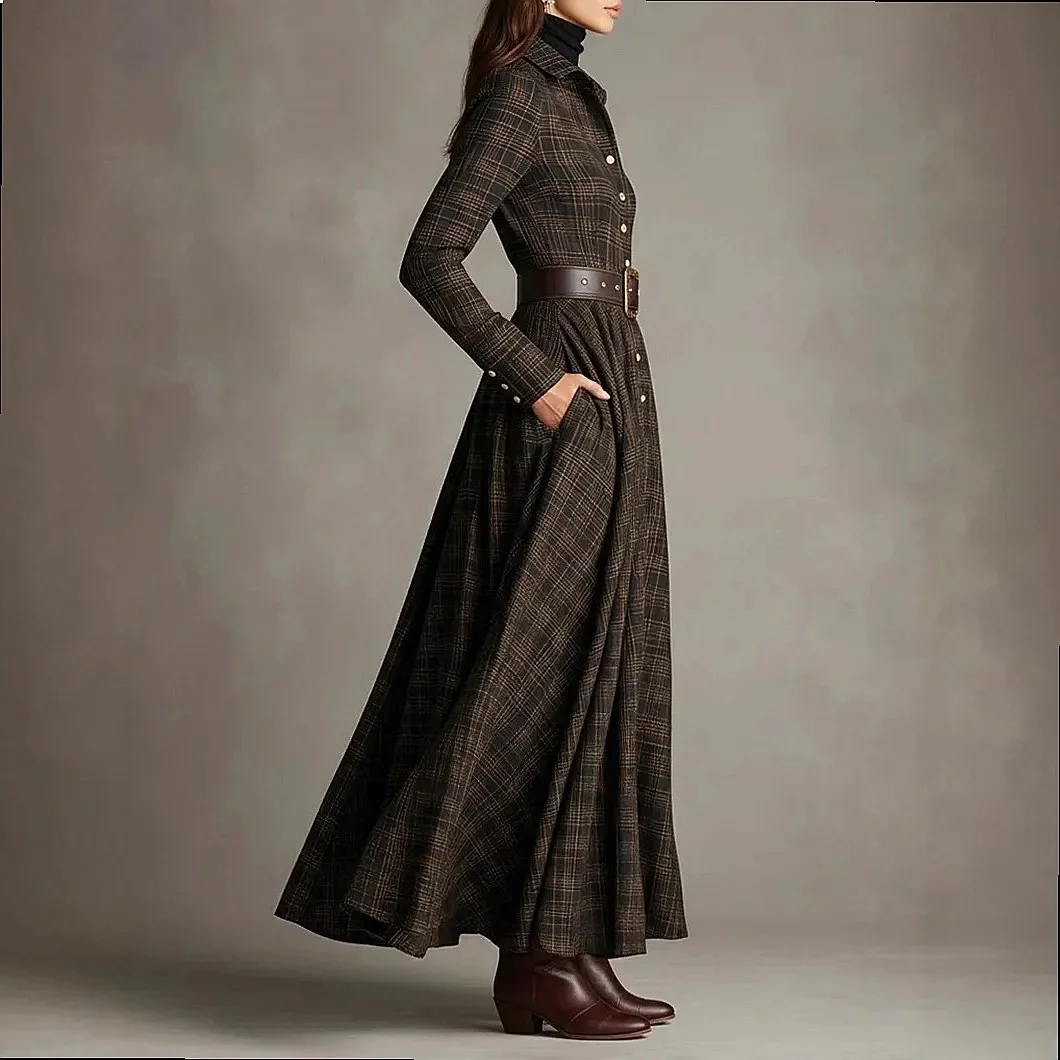 Vintage-Karo-Hemdkleid für Damen, langärmelig, mit Revers, Knopfleiste, Maxikleid mit Gürtel, elegantes, plissiertes, A-Linien-Swing-Kleid für den Herbst – Detail 3