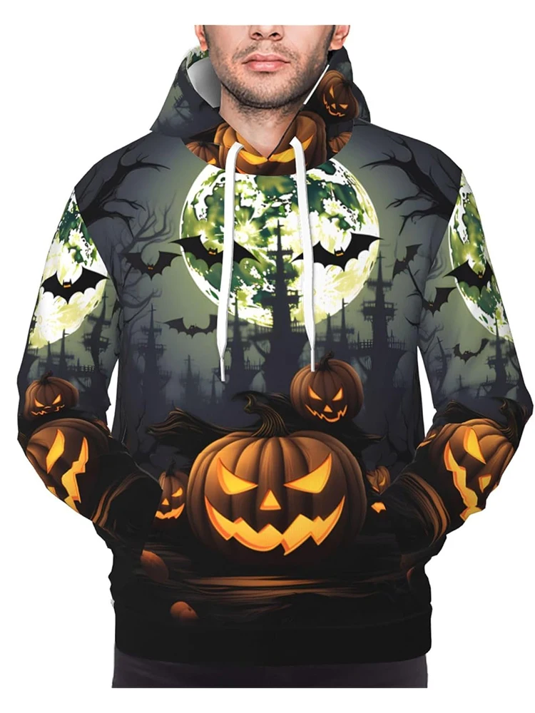 

Halloween Men's Hoodies Funny 3D Bat and Pumpkin Print Sweatshirts Fashion Hip Hop Dress Up Clothing Autumn and Winter Pullover