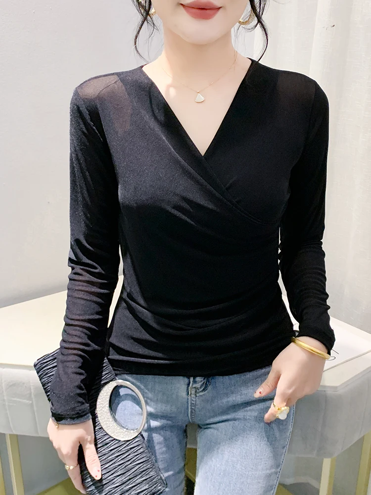 Fashionable Sexy Cross V-neck Long Sleeve Women's T-shirt Black Mesh Top Stylish Versatile Base Shirt for Autumn And Winter