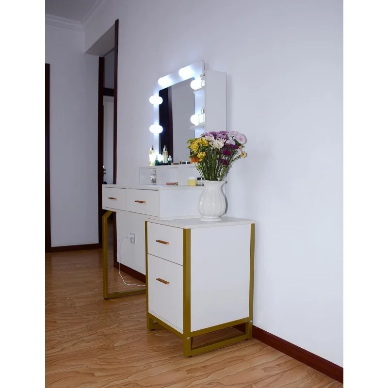 Table de Maquillage Blanche avec Miroir et Lumières, Commode 8 LED, 4 Broches de Rangement