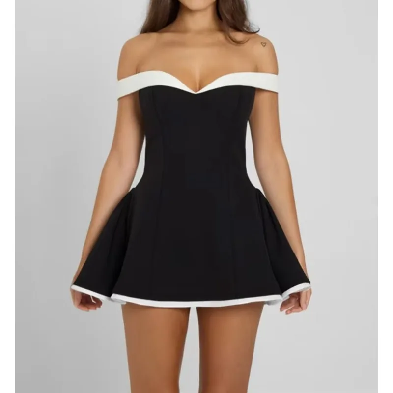 Off-shoulder Strapless Sexy Shrot Dress Women Fashion Patchwork Sleeveless Backless High Waist A-line Club Party Dress