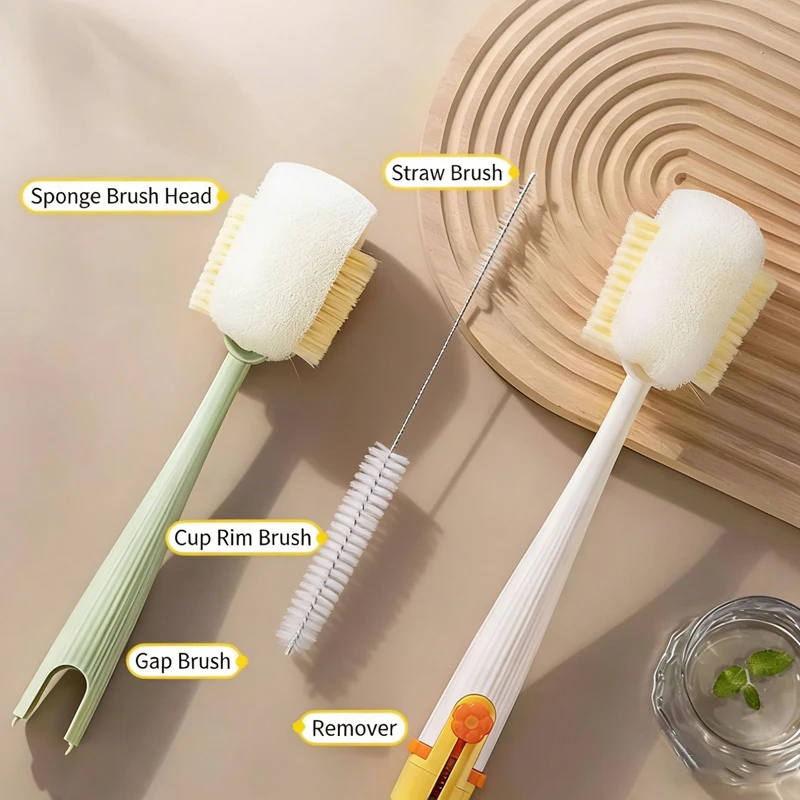 Brosse à tasses 5-en-1 avec long manche, éponge de nettoyage multifonction pour bouteilles d'eau, thermos et biberons