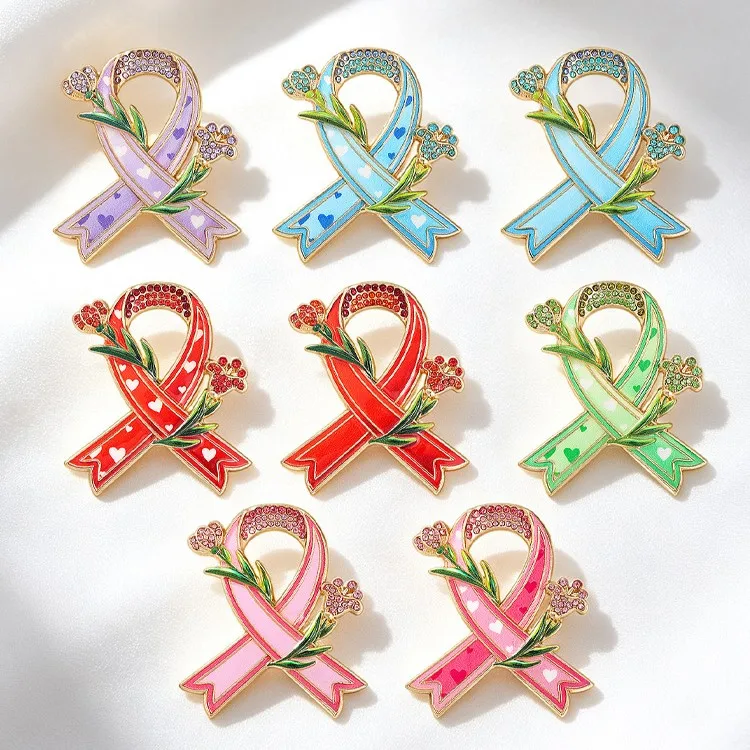 Caring themed red ribbon brooch, international symbol for prevention and control propaganda logo brooch chest flower for women