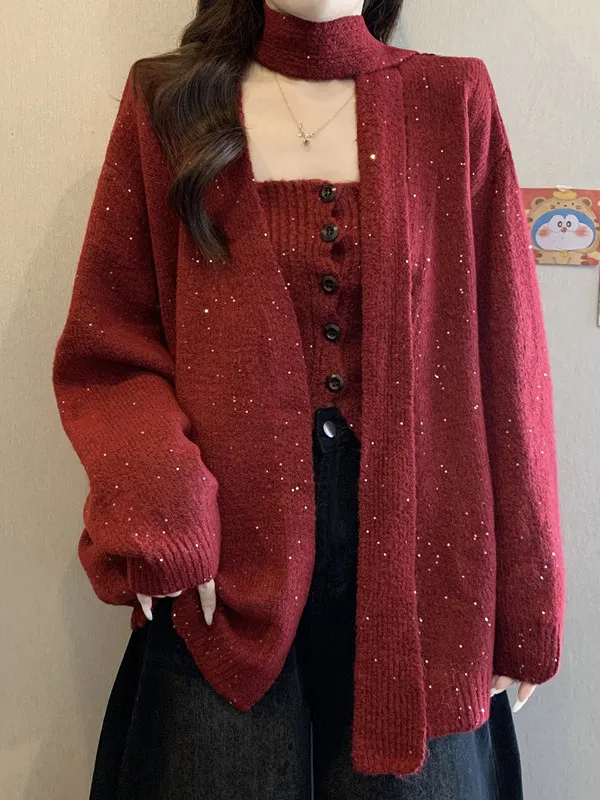 

iny Sequin Tube Top And Vest Knitted Sweater Two Piece Set Women's Wine Red Color Winter Warm Soft Polyester Fiber Coat