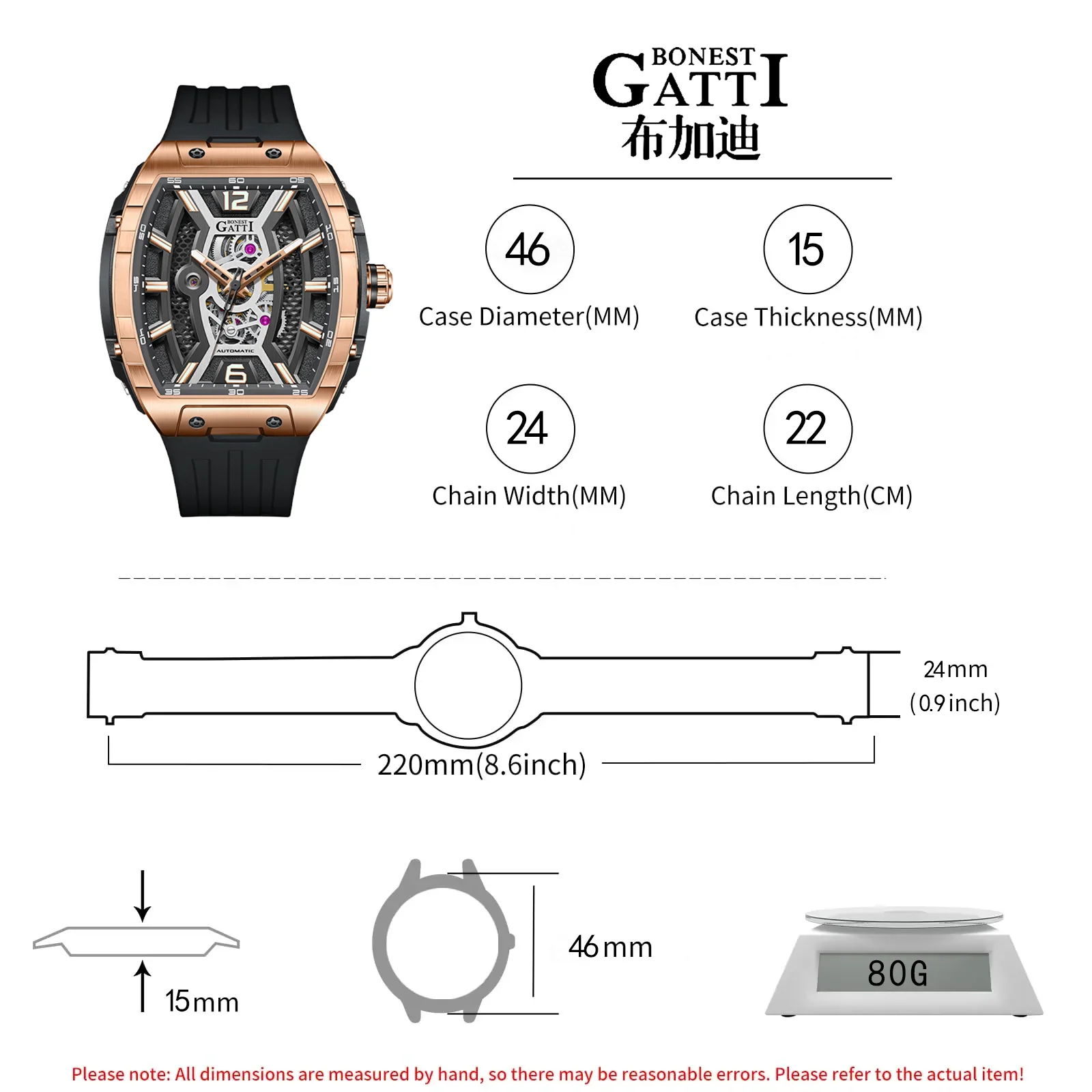 BONEST GATTI Men's Skeleton Auto Mechanical Watch Luxury Sapphire Crystal Silicone Strap 5ATM German Crafted Open Heart BG-5601