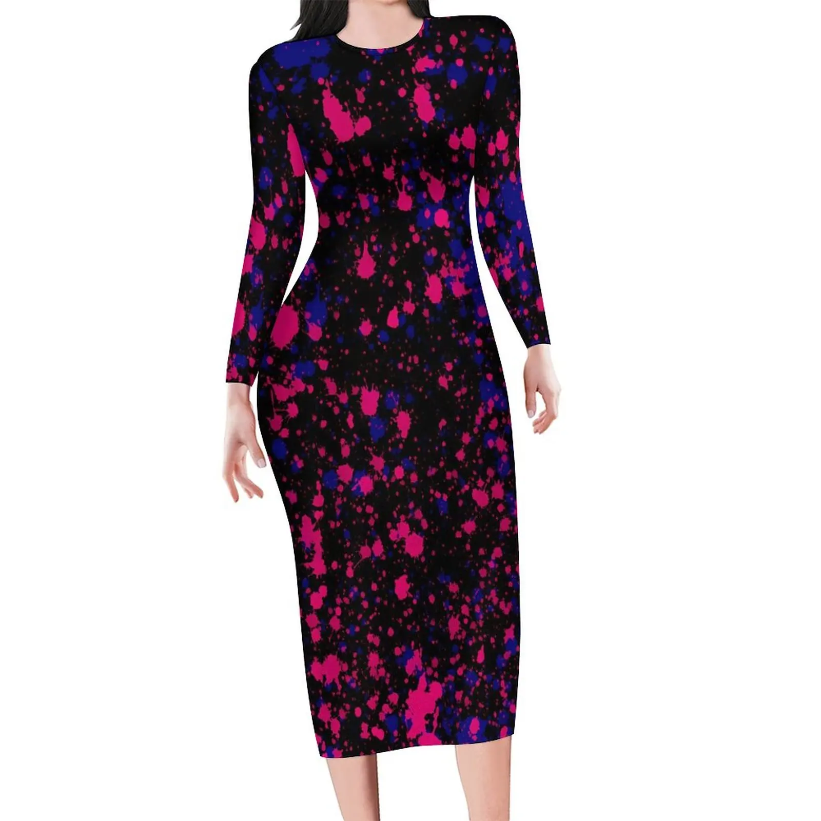 Paint Splatter Dress Women Purple and Pink Aesthetic Bodycon Dress Holiday Long Sleeve Club Dresses Graphic Big Size Vestido