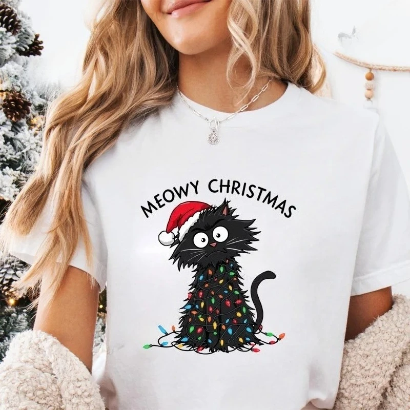 

Милый рождественский принт Meowy, топ с короткими рукавами и круглым вырезом для Рождества, рождественские футболки, рождественские футболки Санта-Клауса, женские повседневные топы с графикой