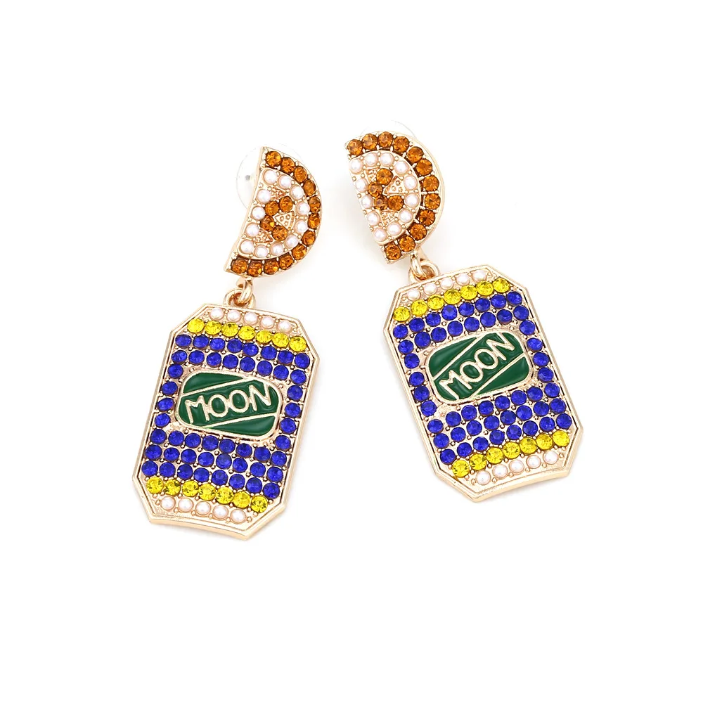 Personality cute light luxury super flash full diamond drink bottle earrings exaggerated alloy drip oil inlaid colored diamond e