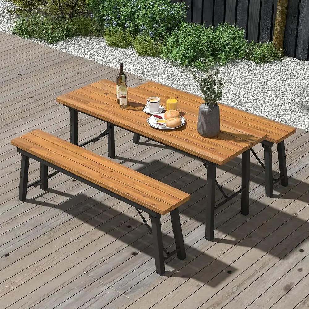 Picnic Table Acacia Wood Dining Table with Metal, Portable Camping BBQ Table, Recular Dining Table or Indoor Outdoor Activities