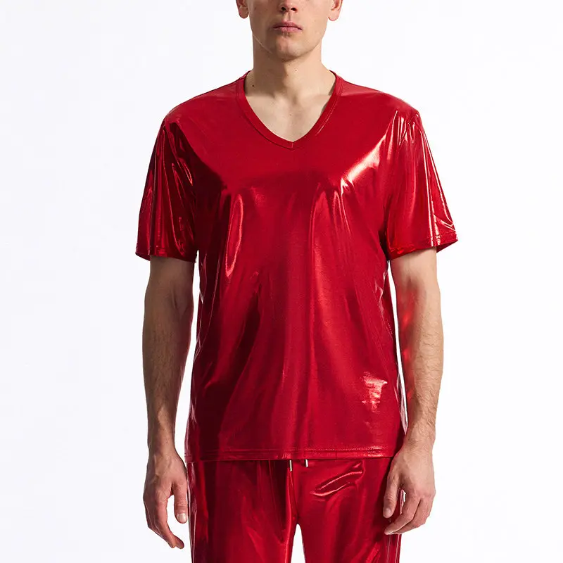 

Men's Shiny Foil Print V-Neck T-Shirt Glossy Stage Performance Top Hip Hop Clubwear Party Disco Top Tee Shirt Summer Clothing