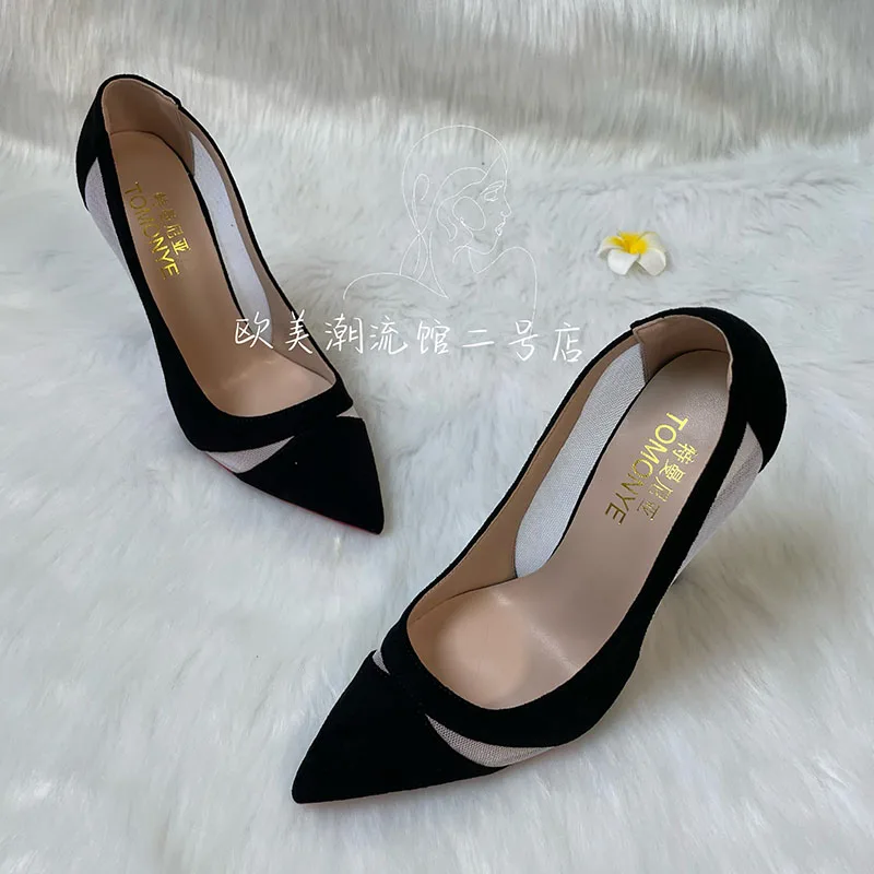 Hot sale TOMONYE black suede with white mesh plus size 44, 45, 46 small size 33 12cm high heel shoes pump women shoes on sale