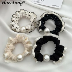 Horetong Pearl Elastic Hair Bands Simple Lace Vintage Hair Rope Ties Scrunchie Color Block Headwear Girls Women Hair Accessories