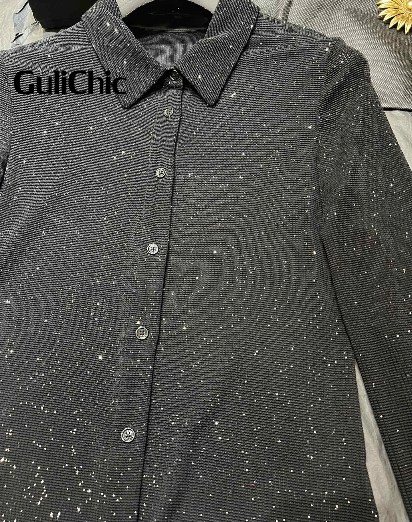 8.5 GuliChic High Quality 2024 Women Bling Bling Decoration Design Blouse Lapel Single Breasted Comfortable Stretch Slim Shirt