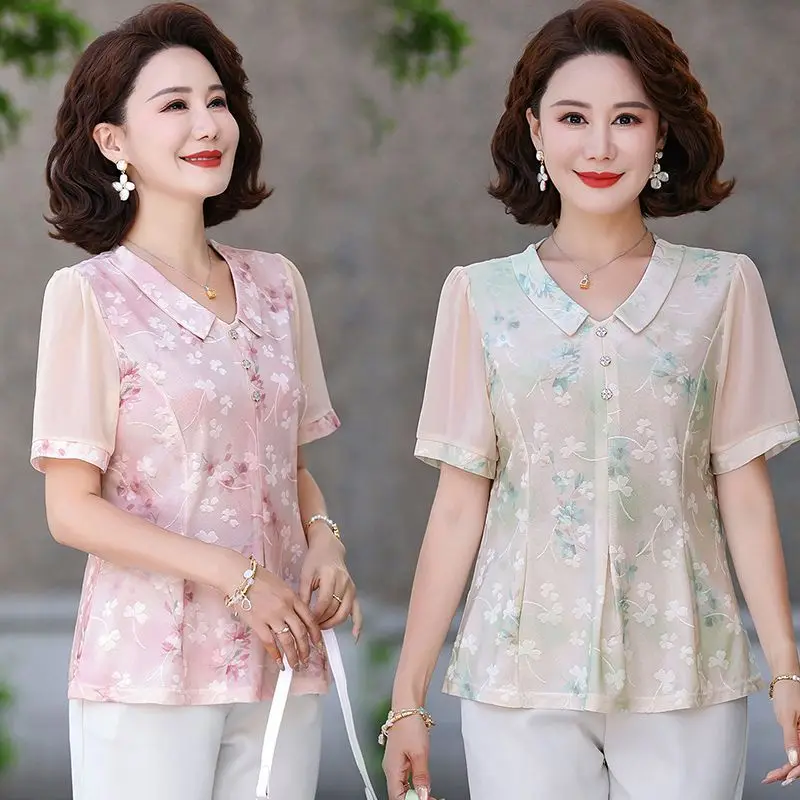 Elegant Mid-Aged Summer Short Sleeve T-Shirt with Modern Chinese Style