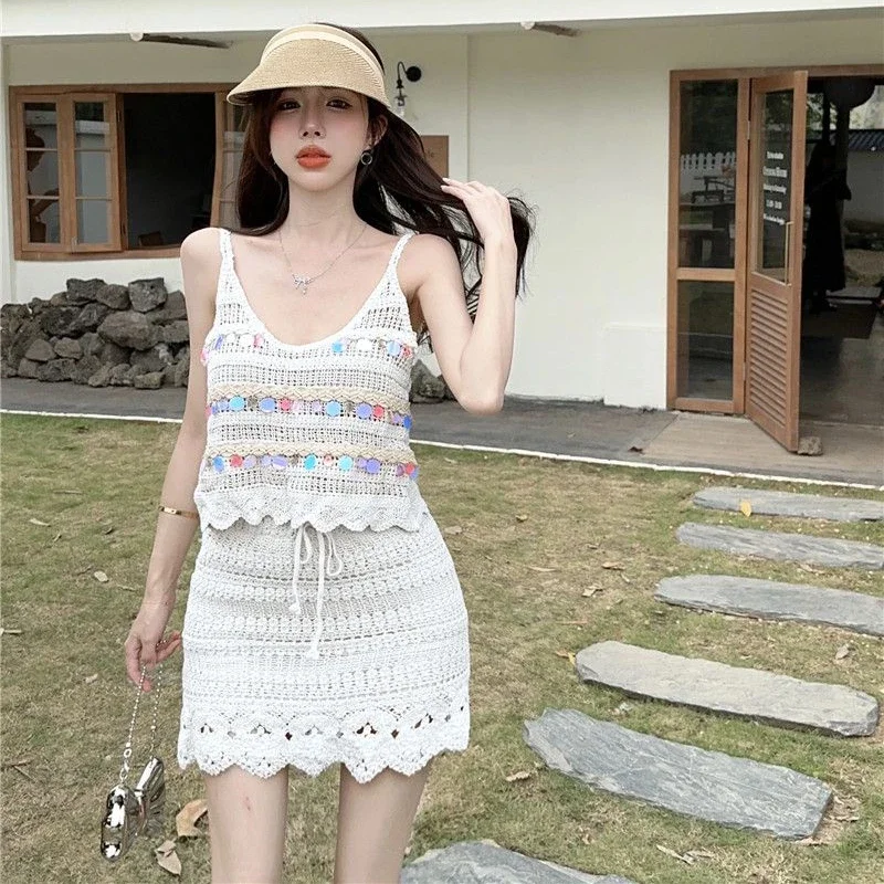 Bohemian Style Women Dress Sets Holiday Hollow Out Sleeveless Summer Harajuku Breathable Prevalent Vitality American Drawstring