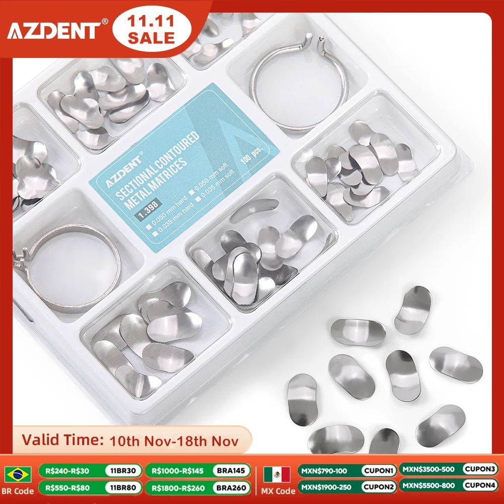 100pcs/Box Dental Matrix Sectional Contoured AZDENT Filling Molding Sheet 1.398 Metal Matrices Band Forming Clip