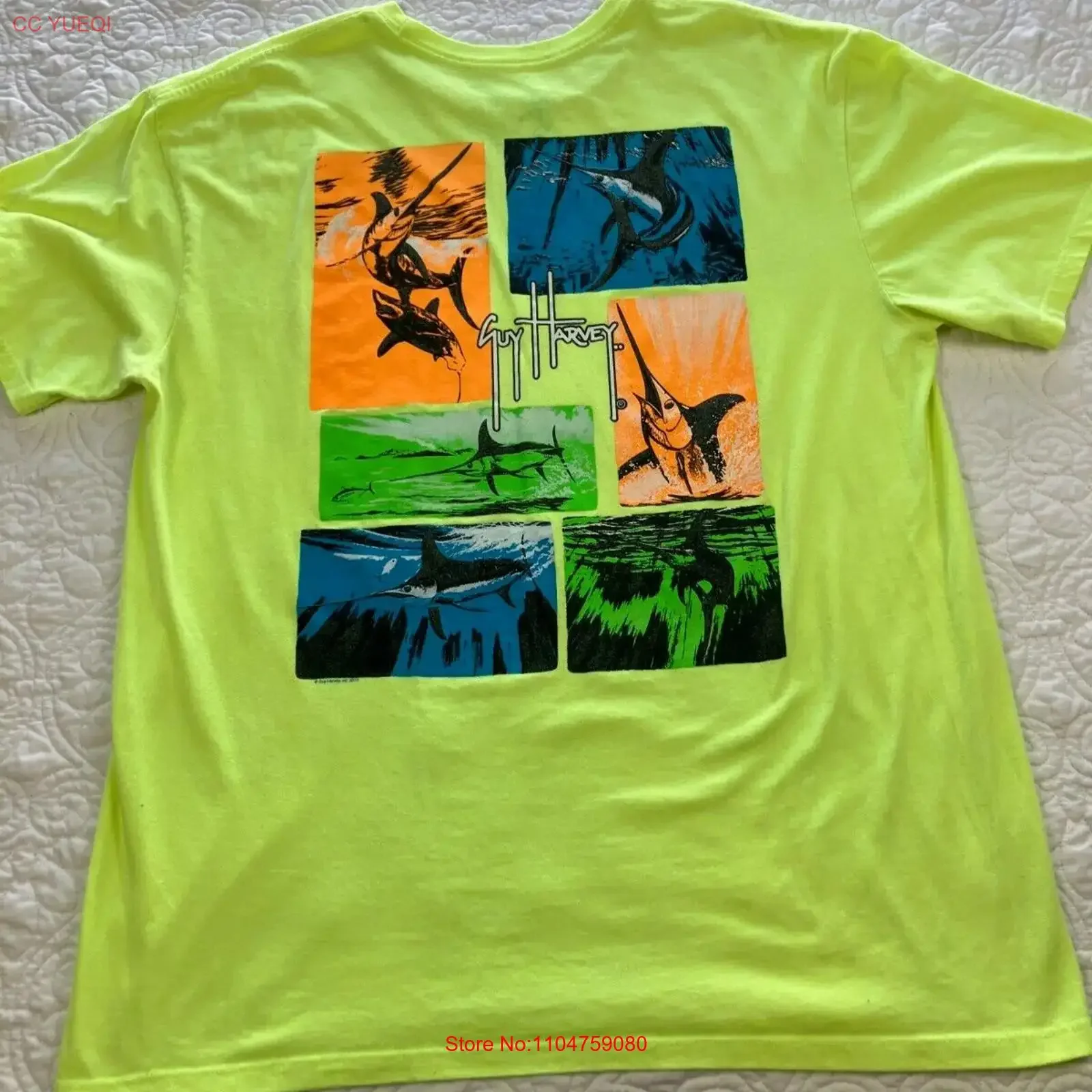 Guy Harvey Men's XL Swordfish Fishing Angling T Shirt  Neon Green vintage Washed Unisex Slightly Stretched homme fashion
