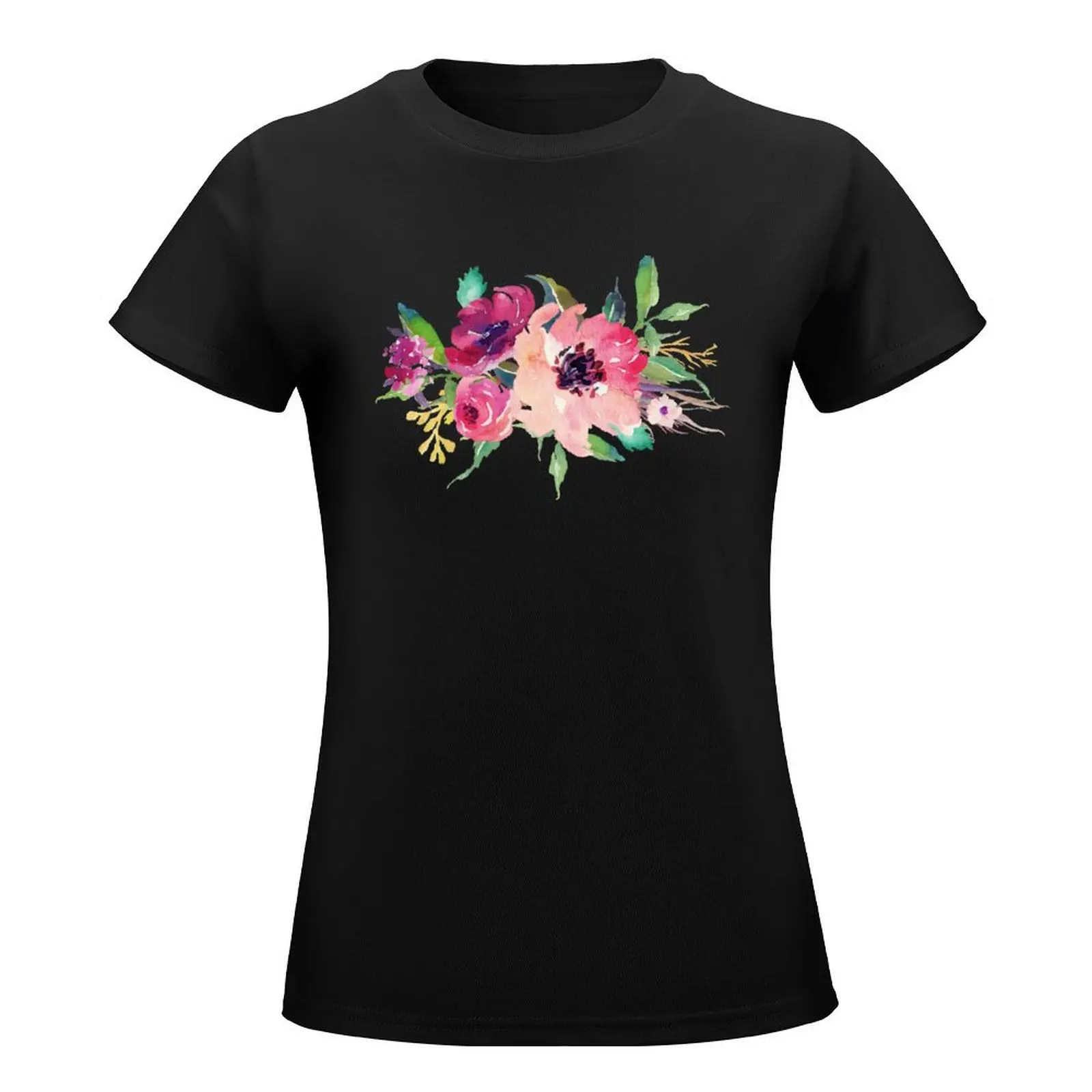 Watercolor Wild Flower Pink Bouquet T-Shirt korean fashion vintage clothes tops Blouse t-shirts for Women pack