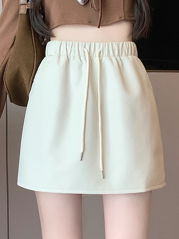

PU leather short skirt women's autumn and winter new style elastic high waist slimming casual versatile A-line skirt