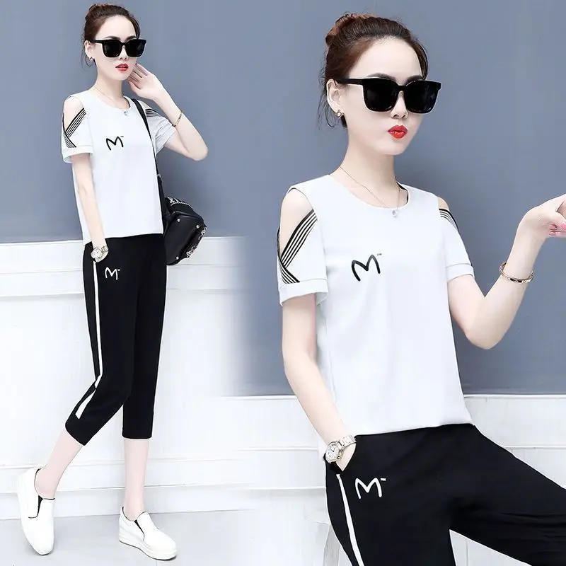 Women\'s Summer Casual Korean Short Suit 2024 New Loose Sports Clothes Sleeve T-shirt Capris Pencil Pants Two Piece Set For Women