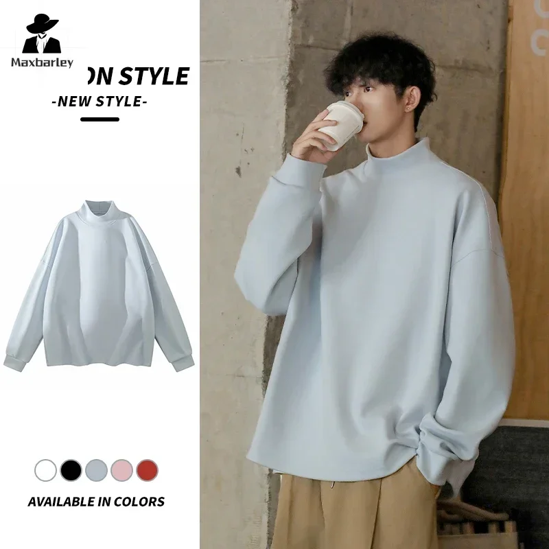 2025 New Men's Sweaters Autumn And Winter Casual Velvet Semi-high Collar Warm Sweatshirt Male Women Korean Solid Color Pullovers