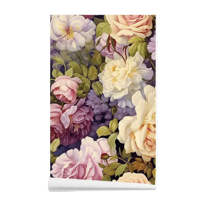 European Retro Flower Wallpaper Self Adhesive Dark Floral Peony Mural Removable Waterproof Wall Sticker for Bedroom Decoration