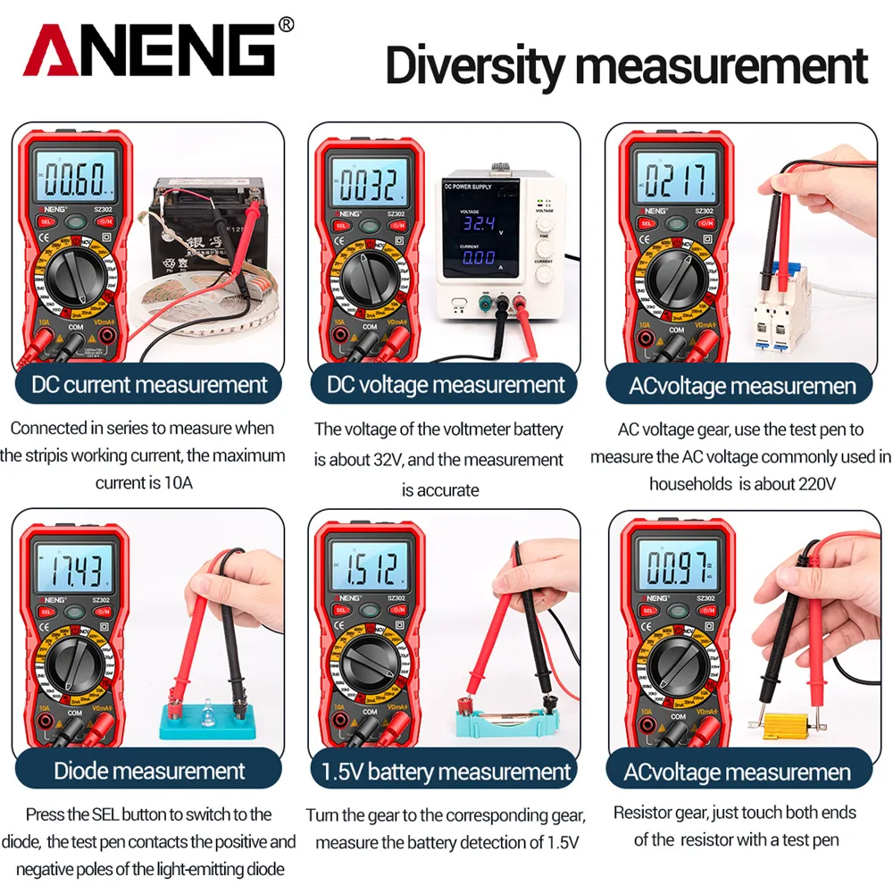 ANENG SZ302 profesjonalny multimetr cyfrowy AC/DC tester napięcia NCV detektor tester rezystancji Ohm amperomierz tester pojemności