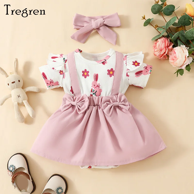 

Tregren 0-18M Infant Baby Girl Easter Romper Dress Short Sleeve Crewneck Floral Bunny Print Jumpsuit with Headband Summer Outfit