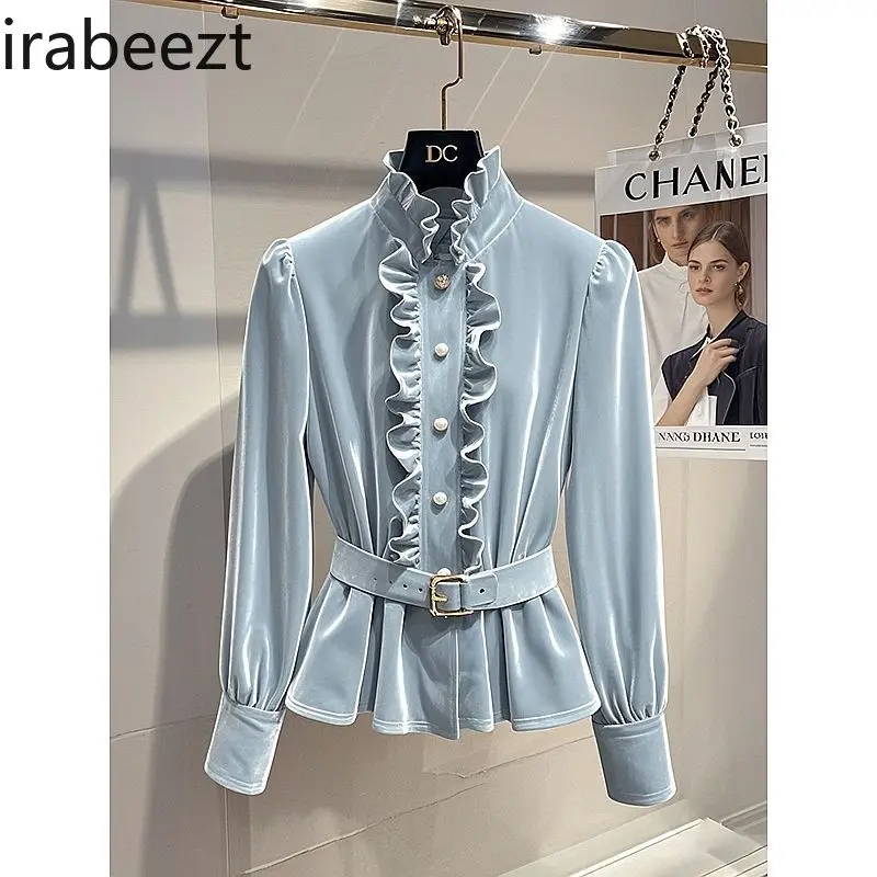 Foreign Style High-end Chic Shirt French High-grade Temperament Beautiful Copper Sulfate Wear Blue Velvet Blouse Female