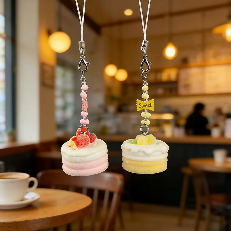2Pcs Flocked Resin Simulation Cake 3D Charms Phone Strap Cute Cartoon Student Keychain Pendants Accessories