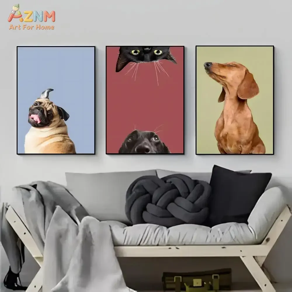 AZNM Cute Pet Dog Cat Canvas Wall Art, Frameless Canvas Print Funny Puppy Kitten Portrait with Sunglasses Colorful Art for Kids
