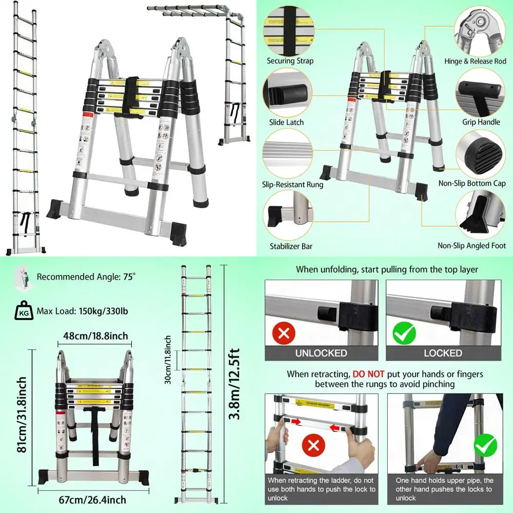 

12.5FT Aluminum Telescoping Ladder - A-Frame Folding Ladder with Safety Lock & Adjustable Height for Wall & Window Cleaning