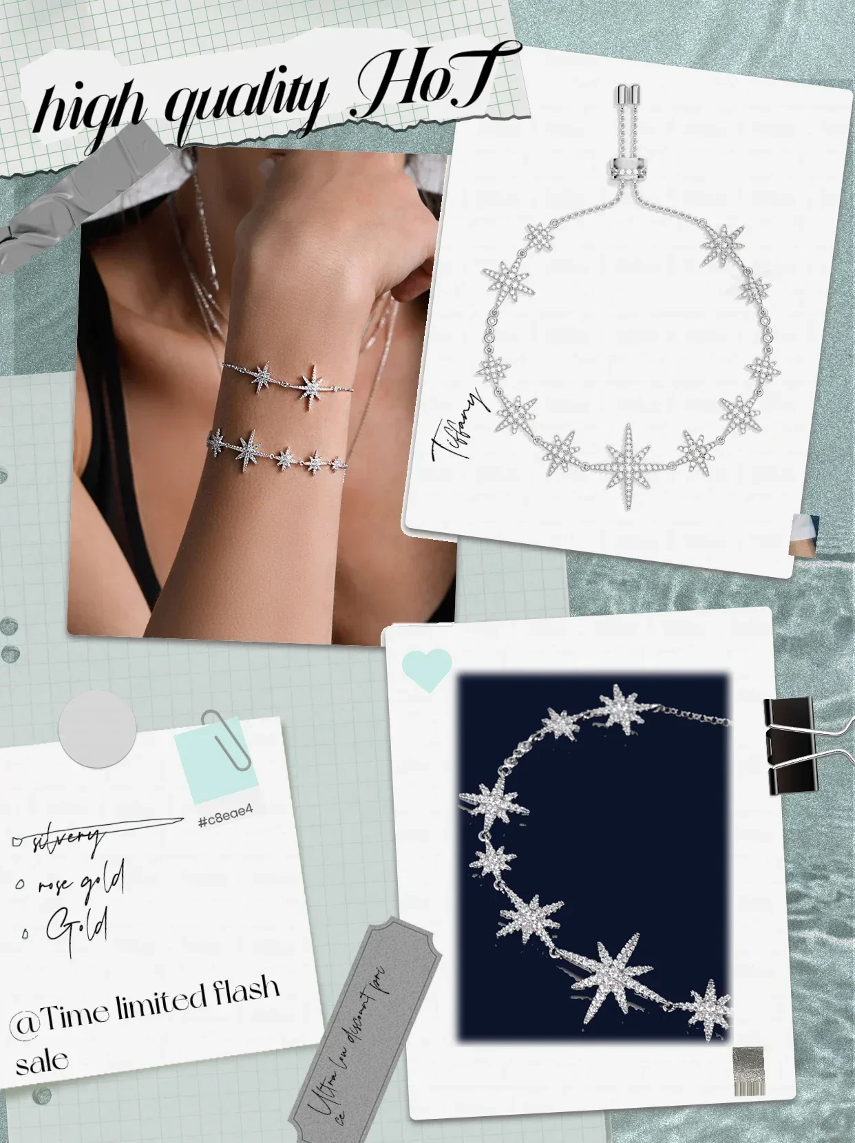 

Pure silver S925 bracelet set with diamonds, zircon, and multiple shooting stars, noble, classic, luxurious, elegant, ladies' OL