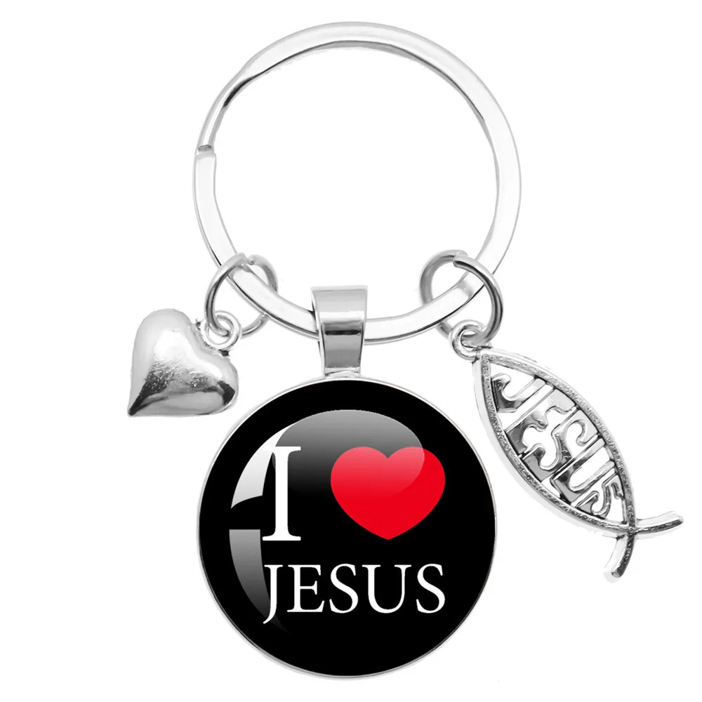 I Love Jesus Charms Keychain Holder Handmade Glass Cabochon Pendant Charms Keychain Religious Jewelry