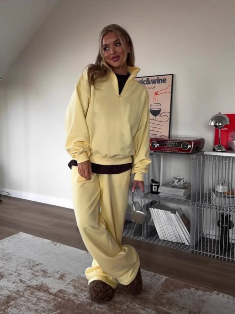 

Woman 2 Piece Set Outfit Fashionable Half-open Collar Long-sleeved Sweatshirt And Trousers Casual Suit Pullover Lace-up Trendy