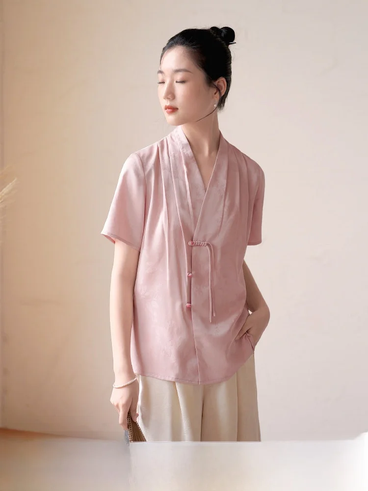 

Новая летняя женская блузка из ацетата с V-образным вырезом, косым воротником и элементами китайского национального стиля