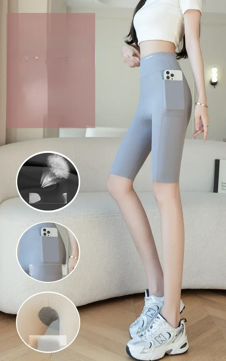 Große Leggings für Damen, Sport-Shark-Shorts mit Tasche, dehnbar, hohe Taille, Hüftlift, Workout, Laufen, schnell trocknende Gym-Shorts – Detail 2