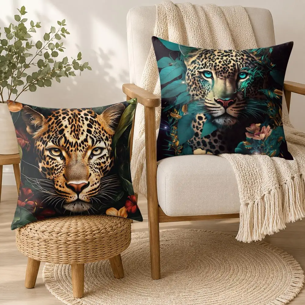 Leopard With Wreath Cushion Cover Square Decorative Throw Pillow 40x40cm For Sofa Bedroom Living Room Home Decor