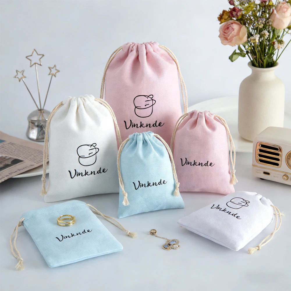 

50/100 шт. персонализированных хлопковых мешочков с логотипом, сине-белые, на шнурке, для ювелирных изделий, многоразовые, для свечей, косметики, подарков, хлопковые сумки для хранения