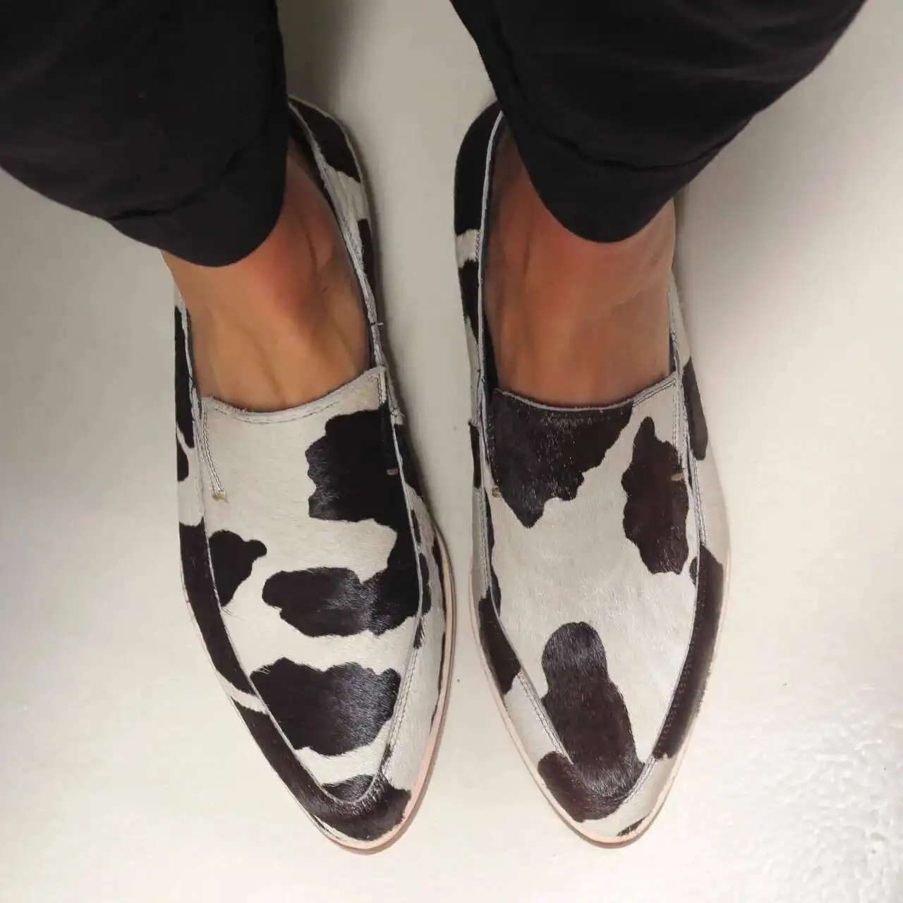 2025 Pointed Toe Casual Flat Loafers Women Shoes Black Cow Pattern Shallow Single Shoes