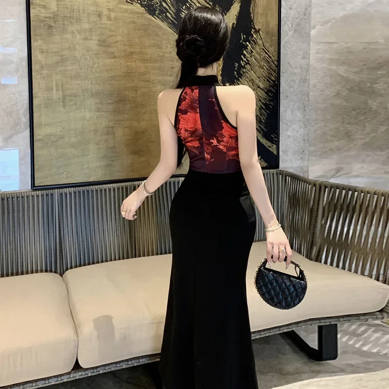 جديد النمط الصيني تشيباو بلوزات غير مغطية للكتف شيونغسام مثير تحسين فستان صيني طويل الإناث فساتين سوداء خمر #5