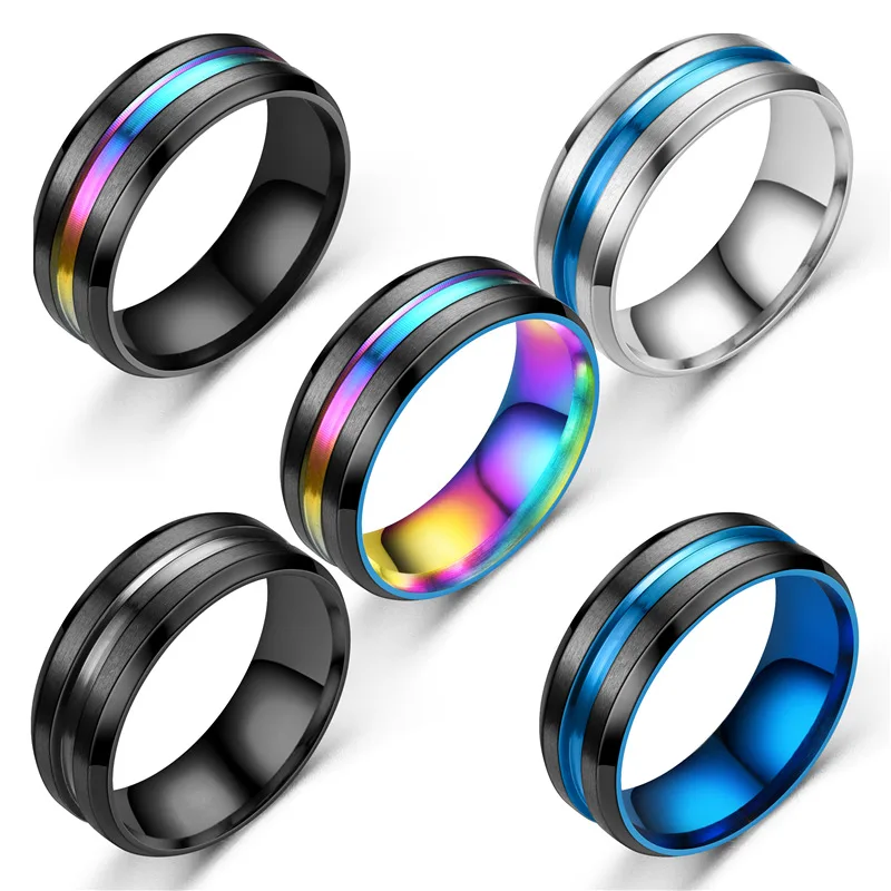8MM Titanstahlring für Herren, schlichte Edelstahlringe, trendige Regenbogen-Rillenringe, Party-Schmuck, Accessoires, Geschenke – Detail 9