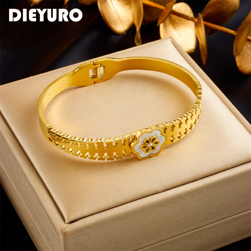 DIEYURO 316L Stainless Steel Cute Flower Bangles Bracelets For Women Girl New Trend Non-fading Jewelry Birthday Gift Pulsera